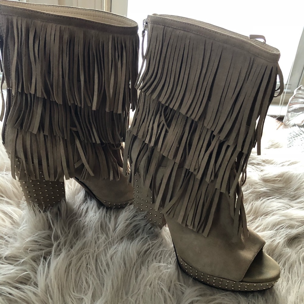 Mid calf gold studded fringe boots